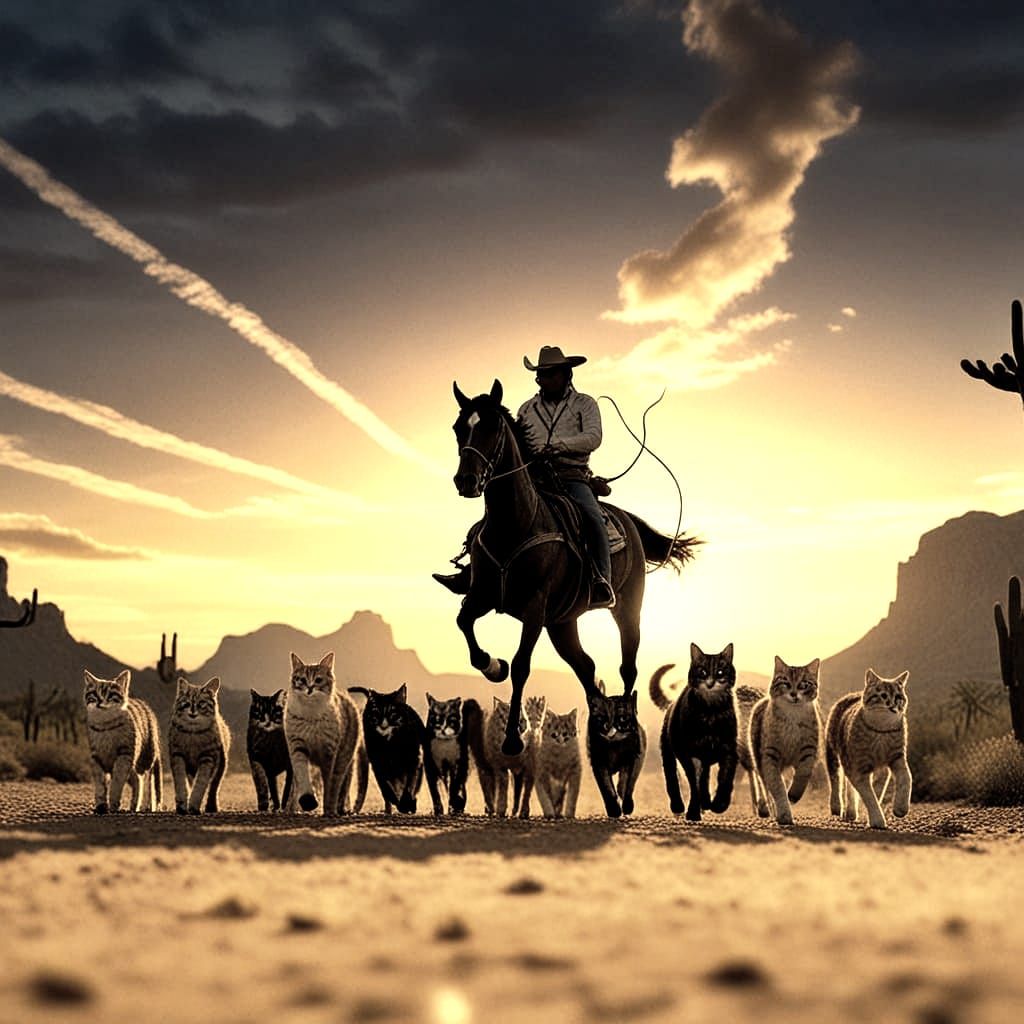 Cats Chased by a Cowboy in Arizona Sunset