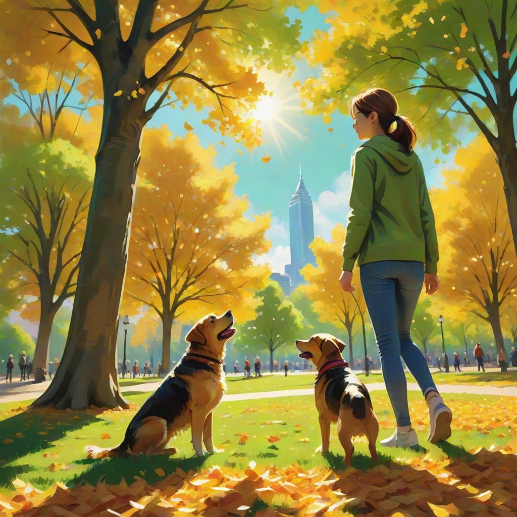 Vibrant Impressionist Scene of a Person and Dog at Play in a...