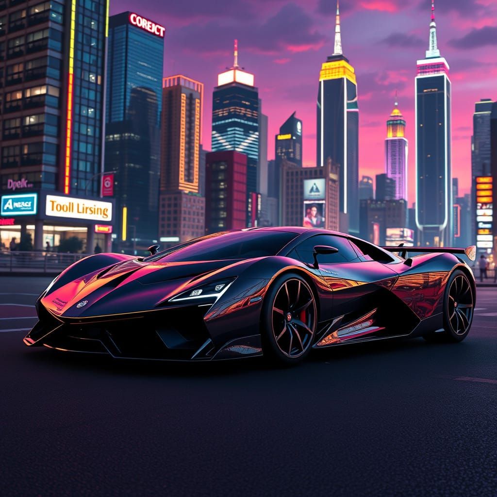 Luxury Car Concept in Neon Cityscape
