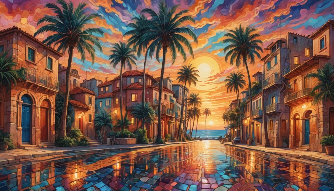 Cosmic Seaside Town in Mixed Media Style