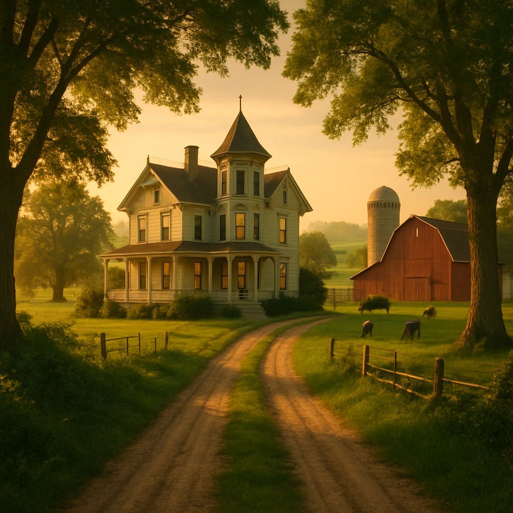 Victorian Farmhouse at Sunset in Midwest Summer