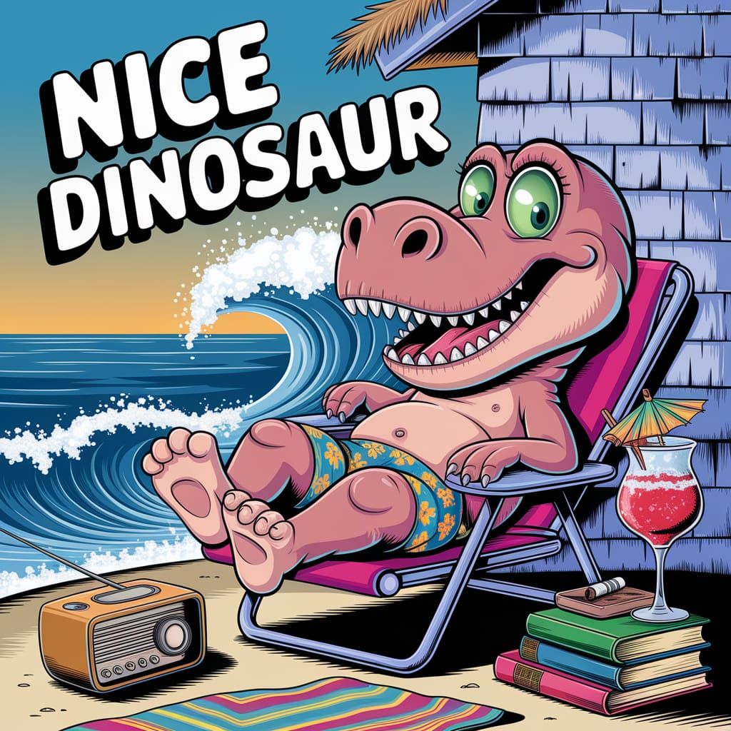 Text NICE DINOSAUR. A cute, goofy cartoon TYRANNOSAURUS REX ...