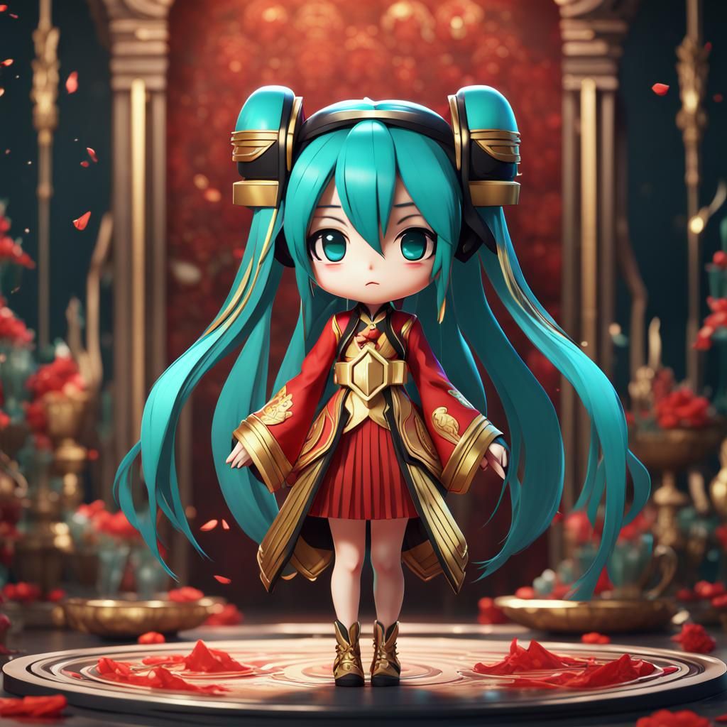 Chibi Hatsune Miku in Red and Gold Dress
