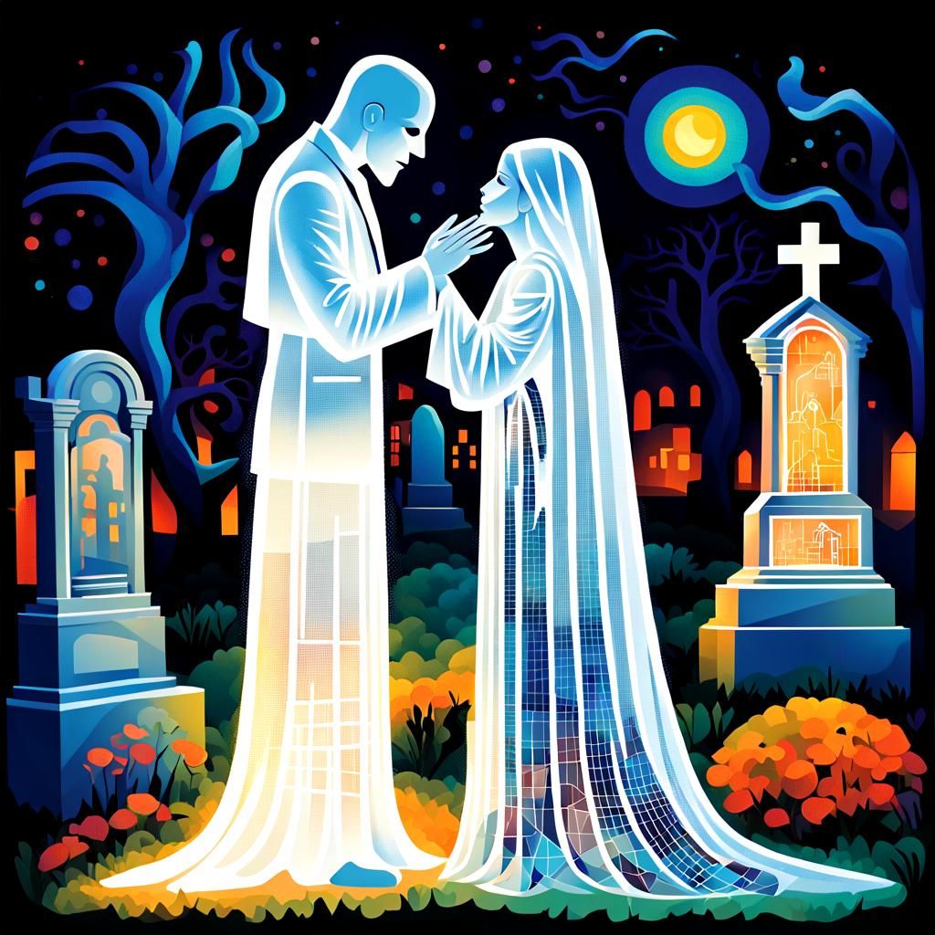 Ethereal Ghosts Embrace in Cubist Art Deco Style