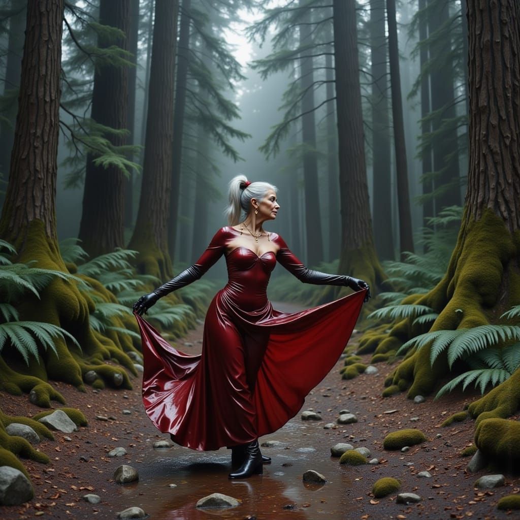 Elegant Elderly Woman Belly Dancing in Misty Forest