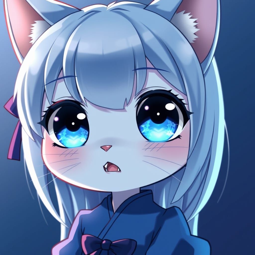Cute Chibi Catgirl with Sparkling Eyes in Blue Hues