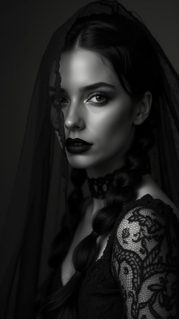 Enigmatic Woman in Veil: Hyper-Realistic Black and White Por...