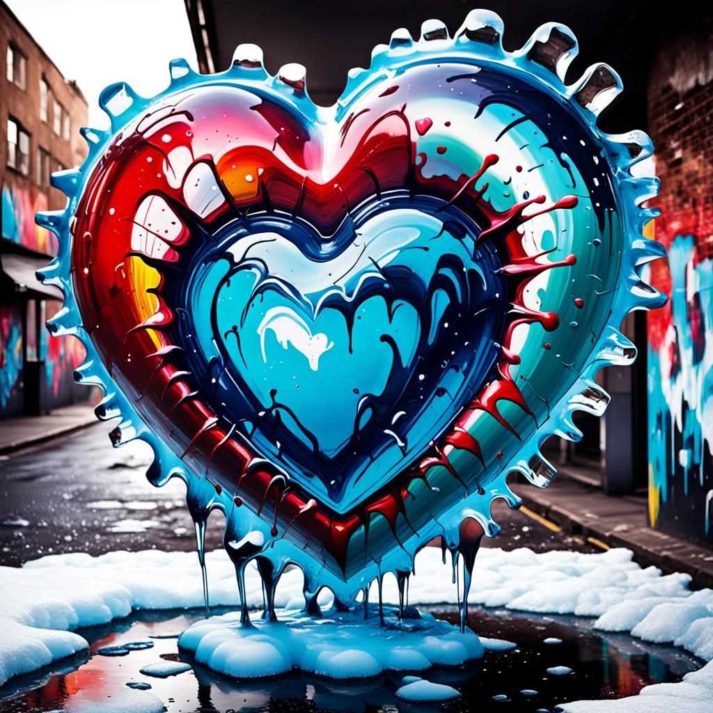 Melting Heart Ice Sculpture in Graffiti Art Style