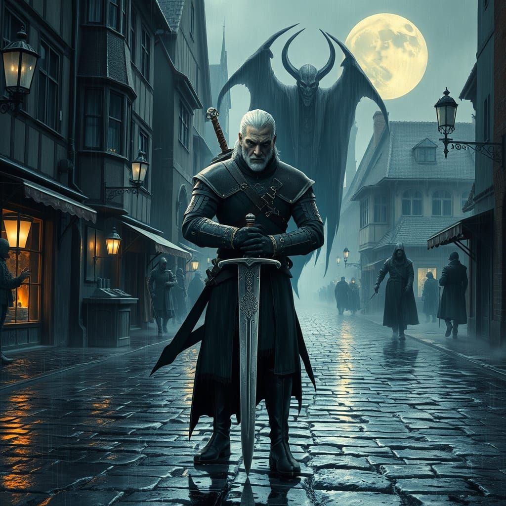 Geralt of Rivia Battles Wraith in Dark Fantasy City