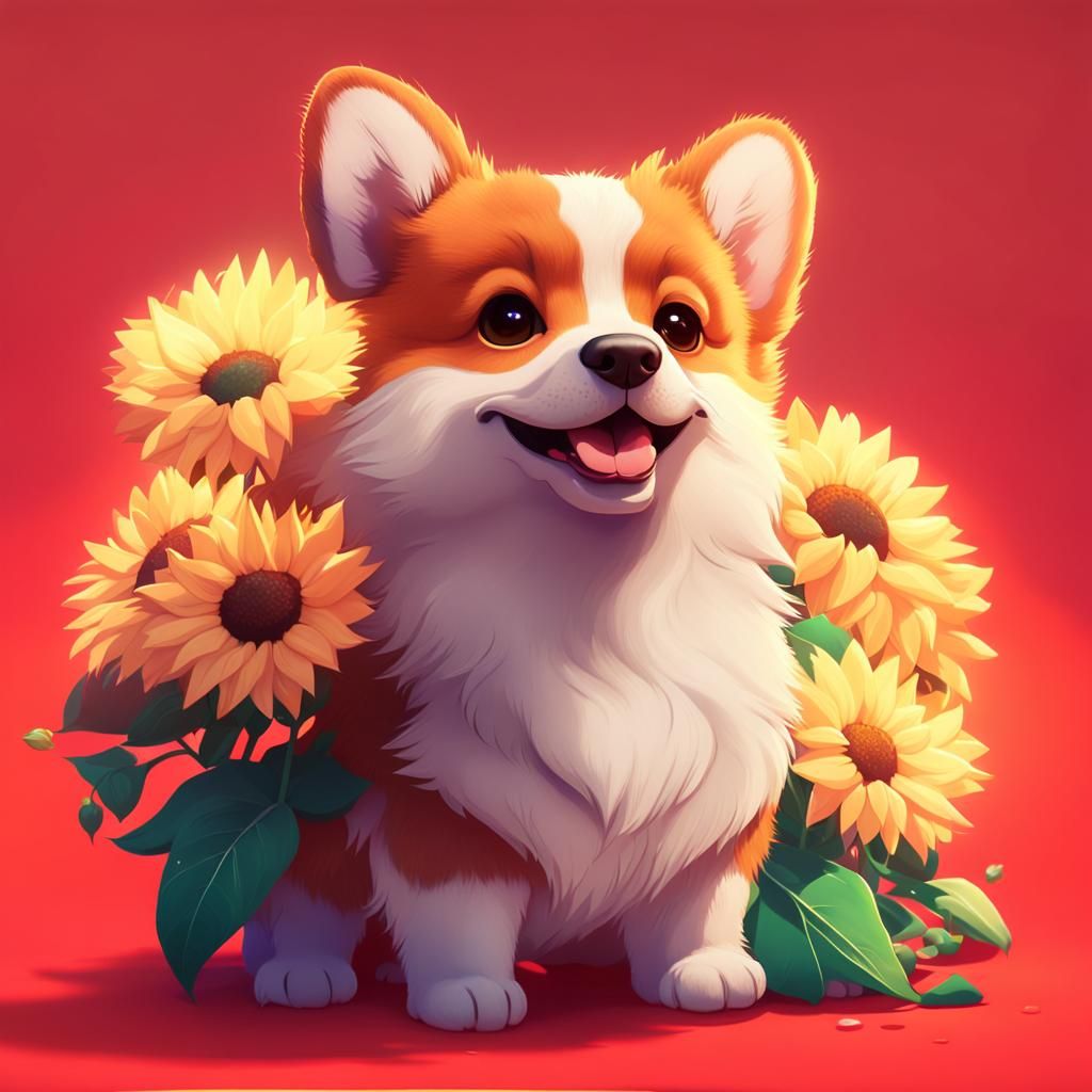 Cartoon Corgi Puppy Surrounded by Sunflowers