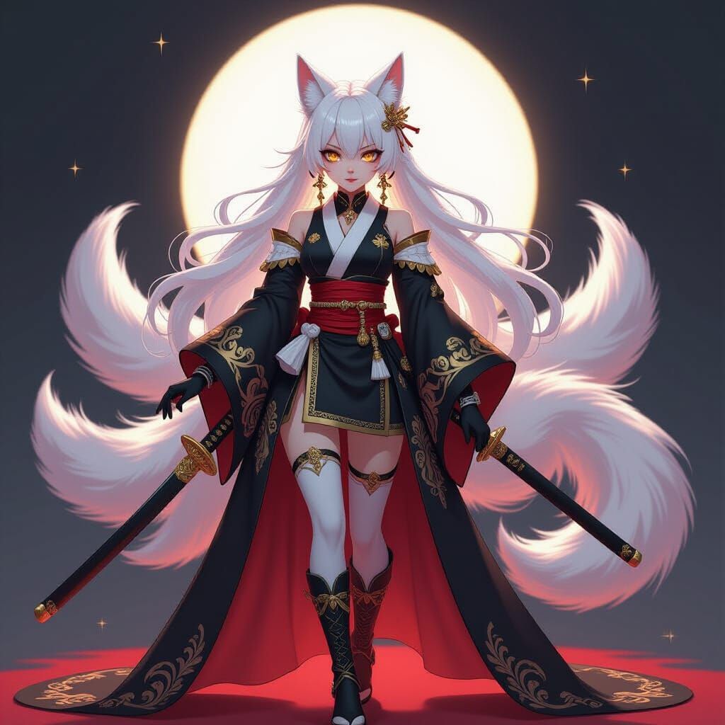 Anime Admiral with Kitsune Tails and Katana in Dramatic Styl...