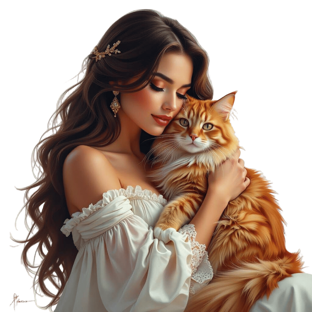 Woman with Ginger Cat: Detailed Fantasy Art