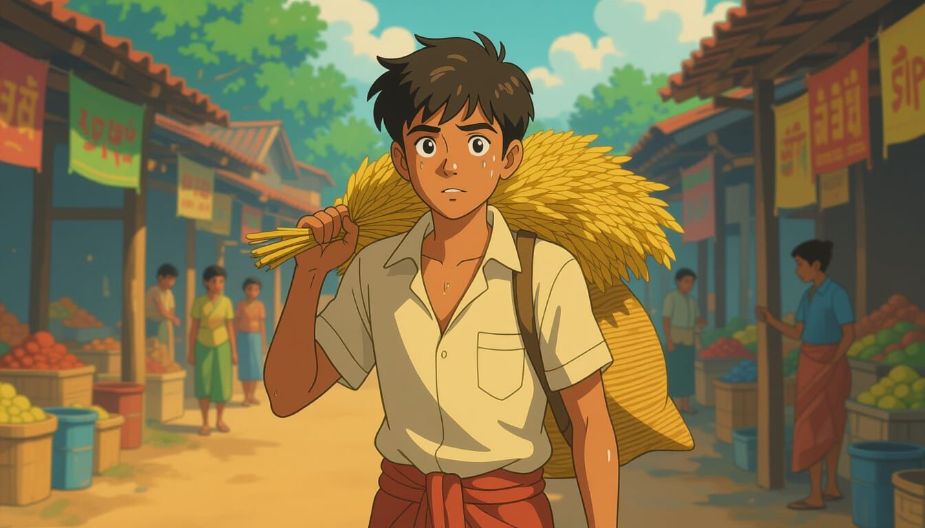 Young Indian Man Carries Grains Through Village Market