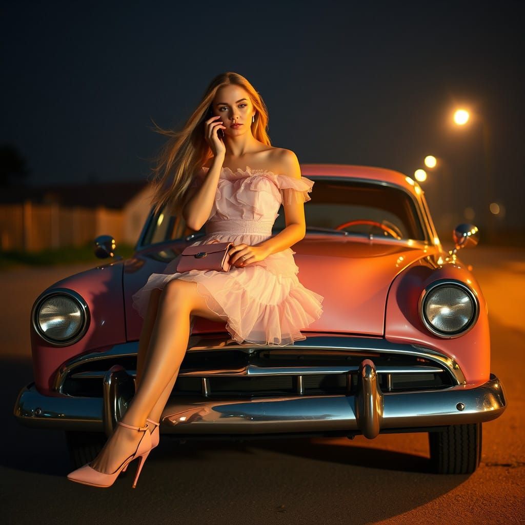 Elegant 20s Man Dons Pastel Dress, Heels, and Pink Purse, Ca...
