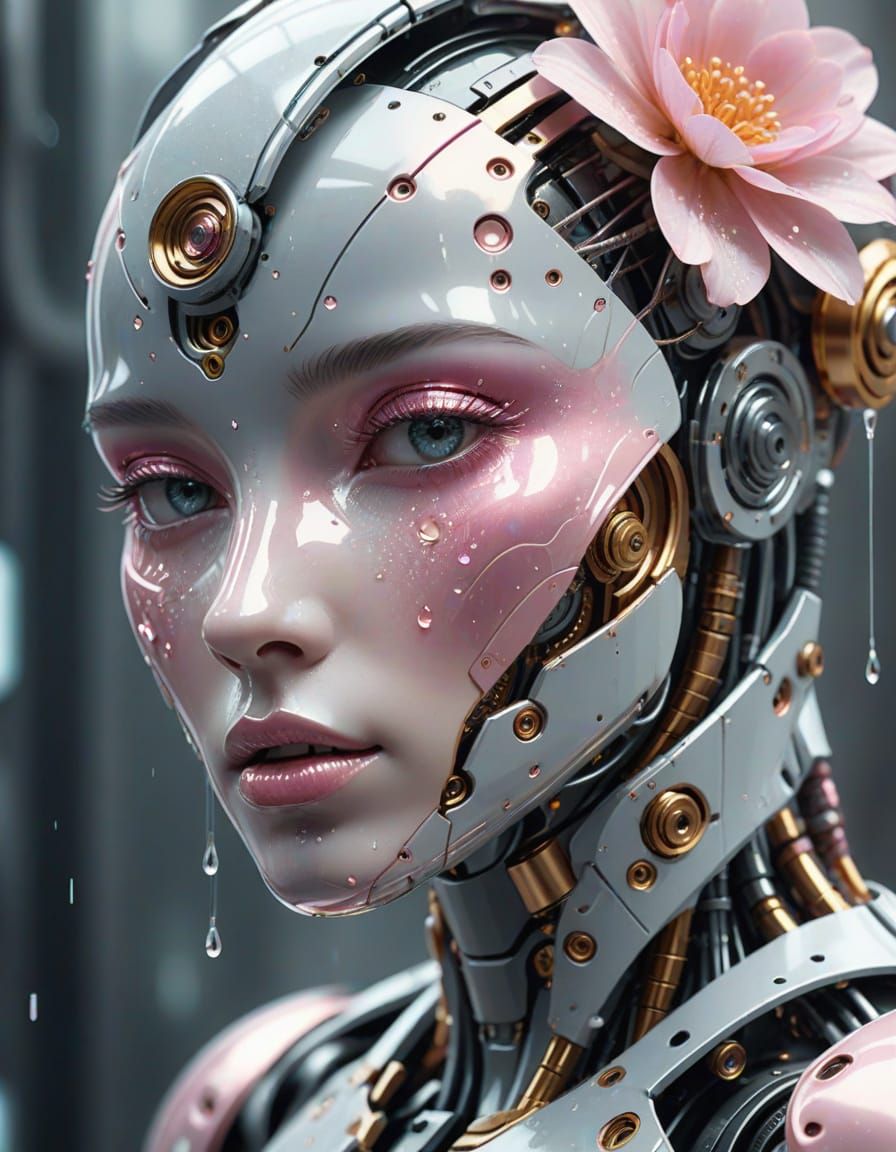 Robot Woman with Flower: Ethereal Digital Art