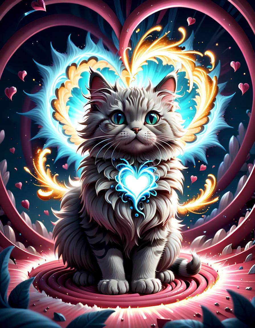 Fluffy Cat Inside Heart Explosion in Fantasy Art