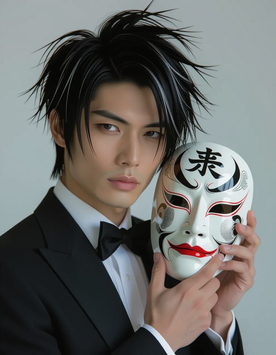 Man in Black Suit Holding Edo Kabuki Mask