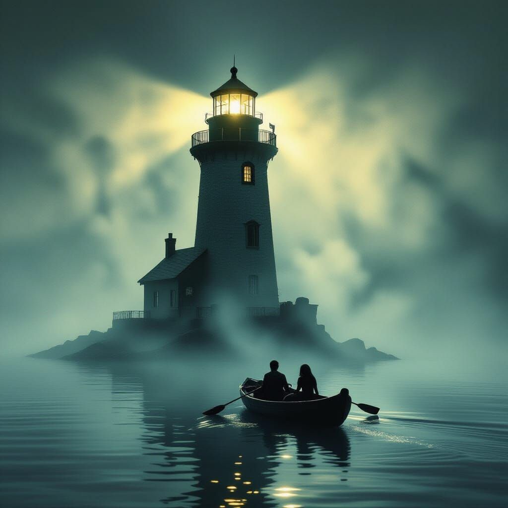 Gothic Lighthouse in Mist with Rowing Lovers