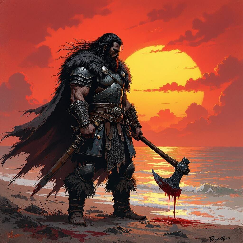 Viking Warrior Stands Defiant Against Crimson Sunset