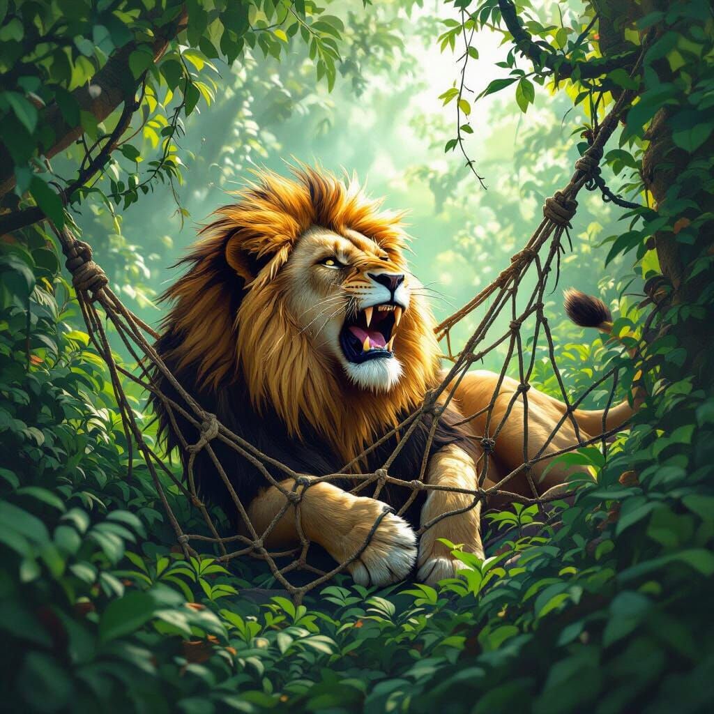 Lion Trapped in Net in Lush Jungle