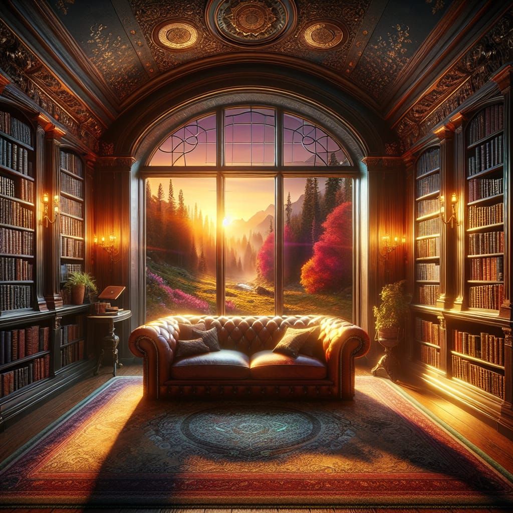 Luxurious Library with Sunset View
