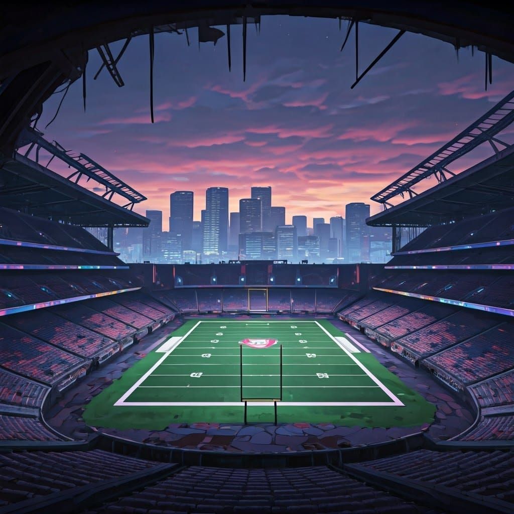 Futuristic Gears of War Stadium with Synthwave Cityscape