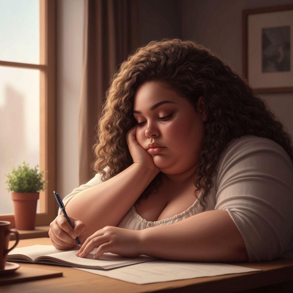 Obese Black Woman Writes at Table in Cozy Room