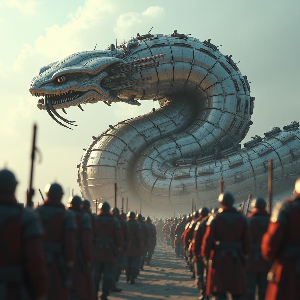 Metallic Serpent-Train Confronts Army in Sci-Fi Showdown