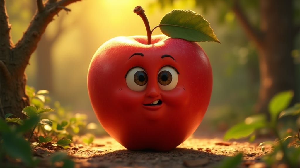 A Vibrant Red Apple Plays on a Lush Tree in Disney Pixar Sty...