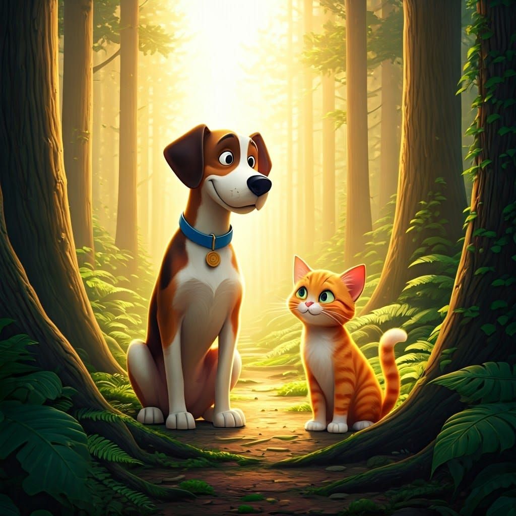 Playful Dog and Cat in Sun-Dappled Forest