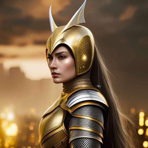 Golden Armored Knight Portrait in Gothic Cityscape
