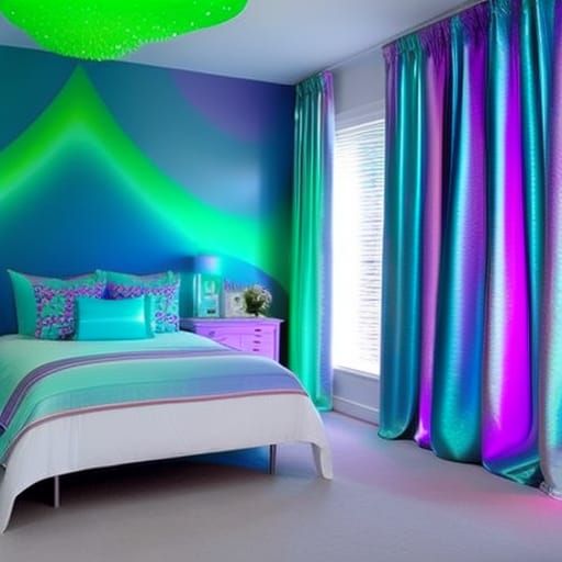 Iridescent Mermaid bedroom with iridescent blue walls with iridescent green accents& iridescent purple accents& sliver w...