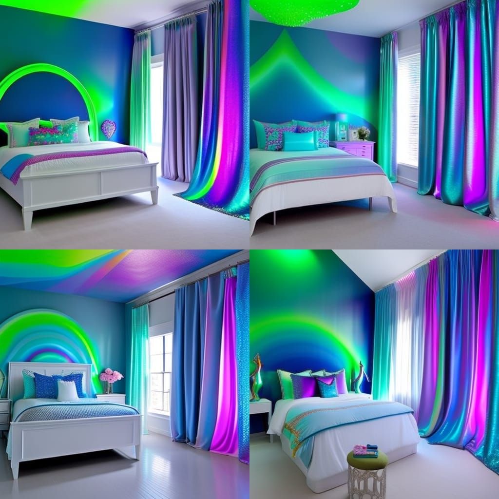 Iridescent Mermaid bedroom with iridescent blue walls with iridescent green accents& iridescent purple accents& sliver w...