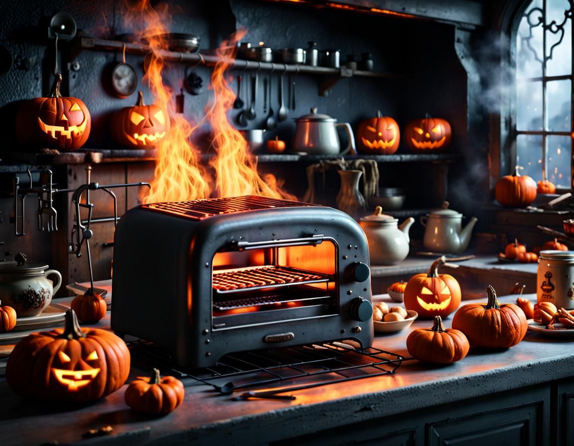 Spooky Haunted Toaster in Gloomy Halloween Kitchen