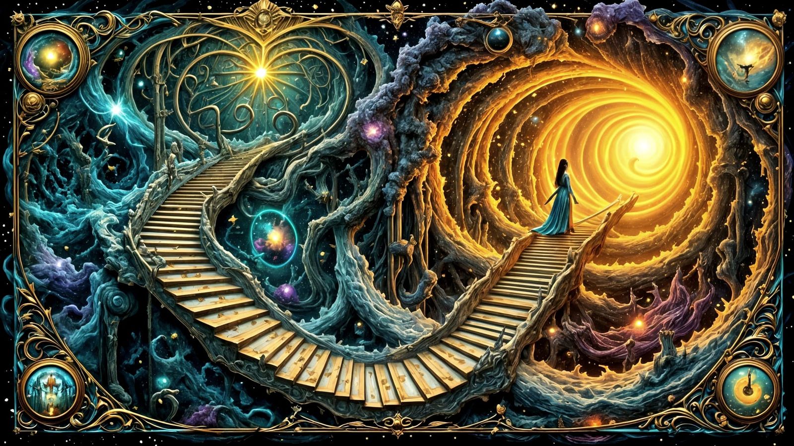Endless Tarot Card Staircase in Hyperreal Style