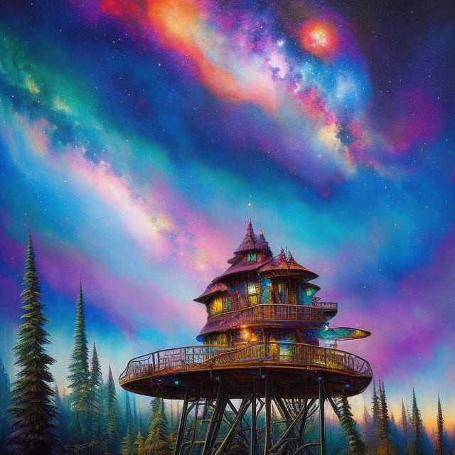 Surreal Milky Way Treehouse in Vibrant Abstract Style