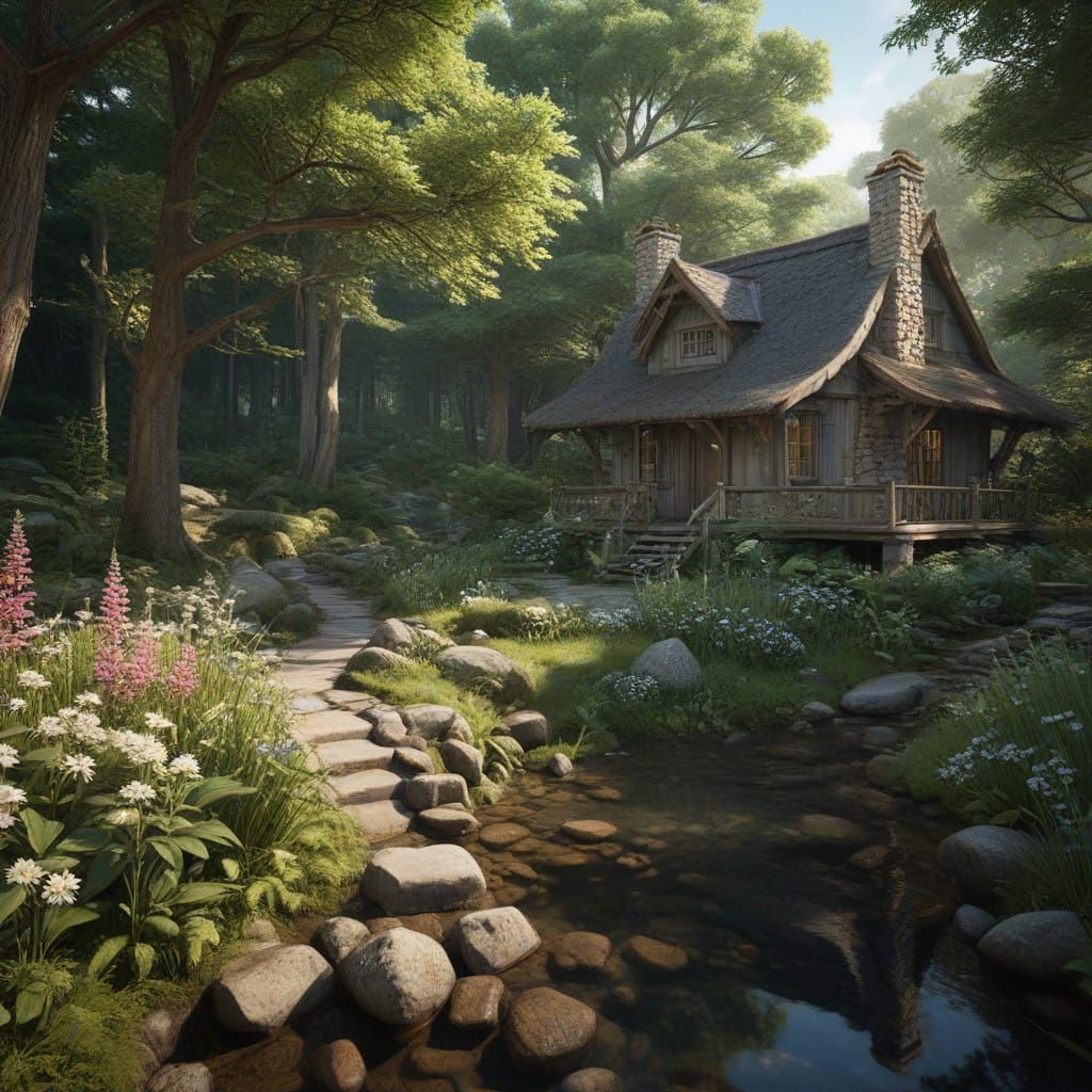 Whimsical Woodland Cottage with Thatched Roof and Gentle Smo...