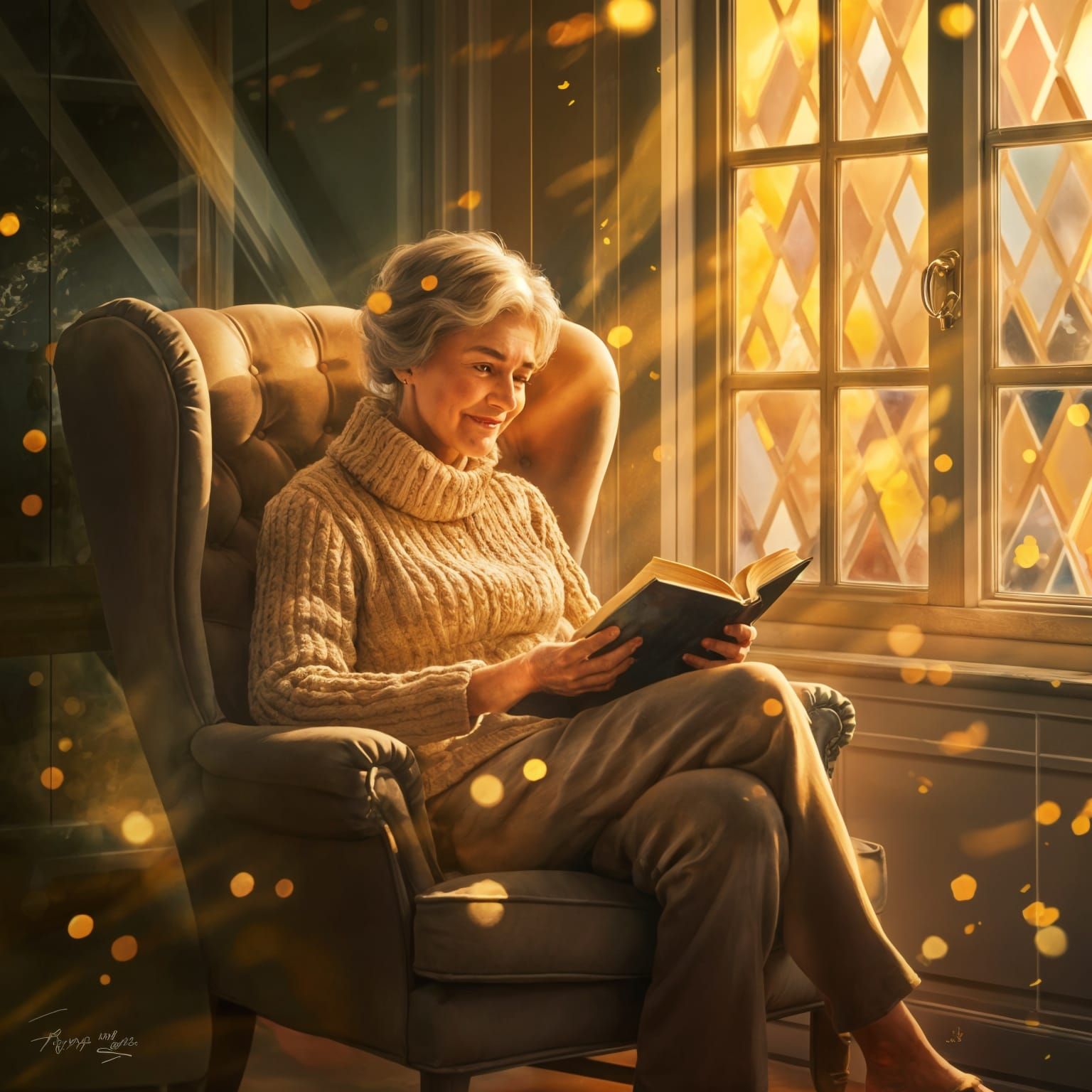 Serene Woman Reading, Warm Rockwell-Inspired Illustration