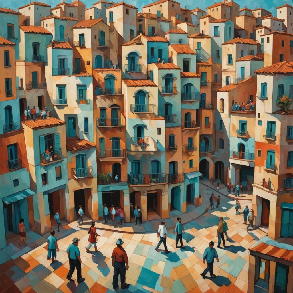 Spanish Town Square in Cubist Style