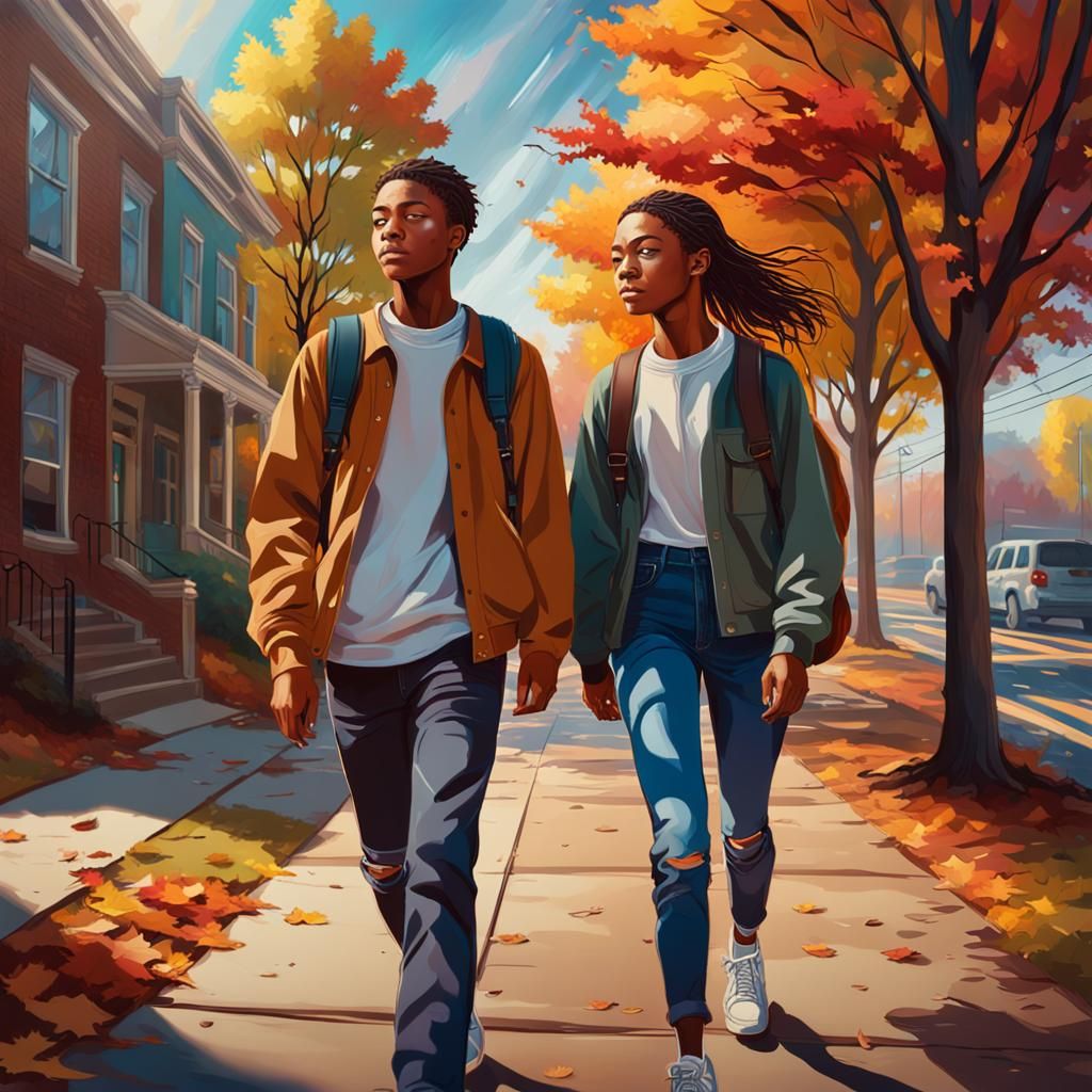 Teens Walking Home on Autumn Day: Hyperrealistic Splash Art