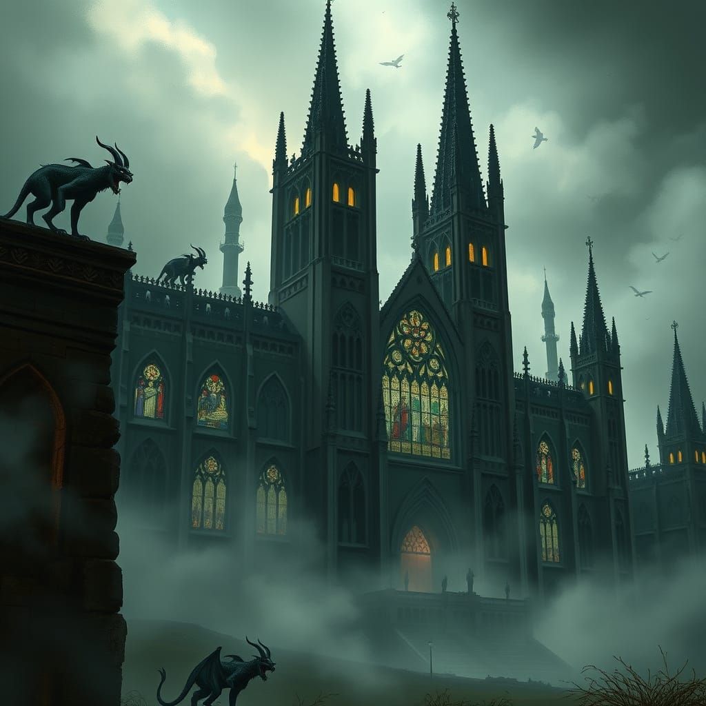 Gothic Cathedral Pierces Stormy Sky in Dark Atmospheric Styl...