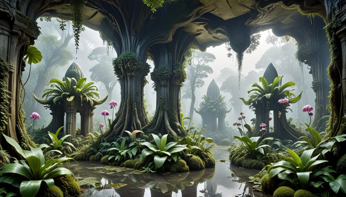Surreal Jungle Landscape with Ghostly Buildings
