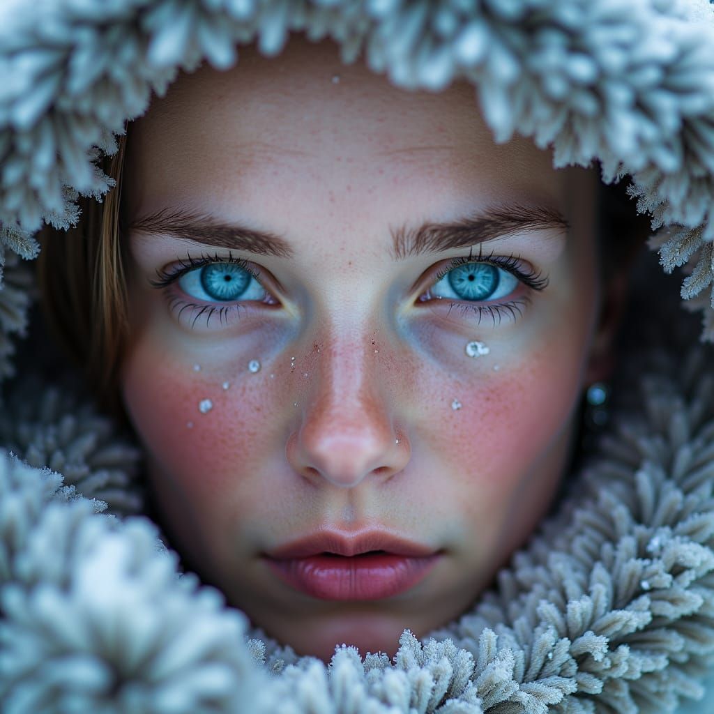 closeup photo catching the snow in her blue eyes. Queen of t...