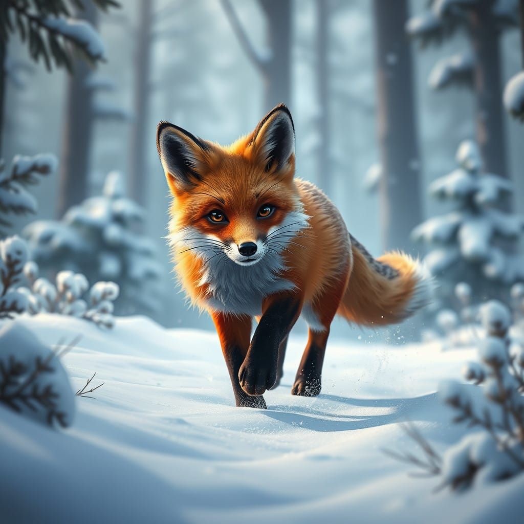 Surreal Red Fox Dances Through Pine Forest in Winter Wonderl...