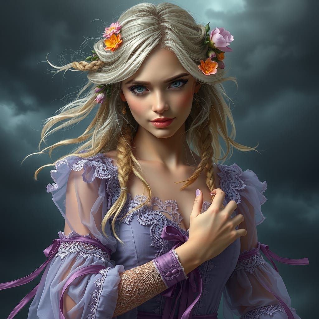 Woman in Lavender Gown with Manic Eyes