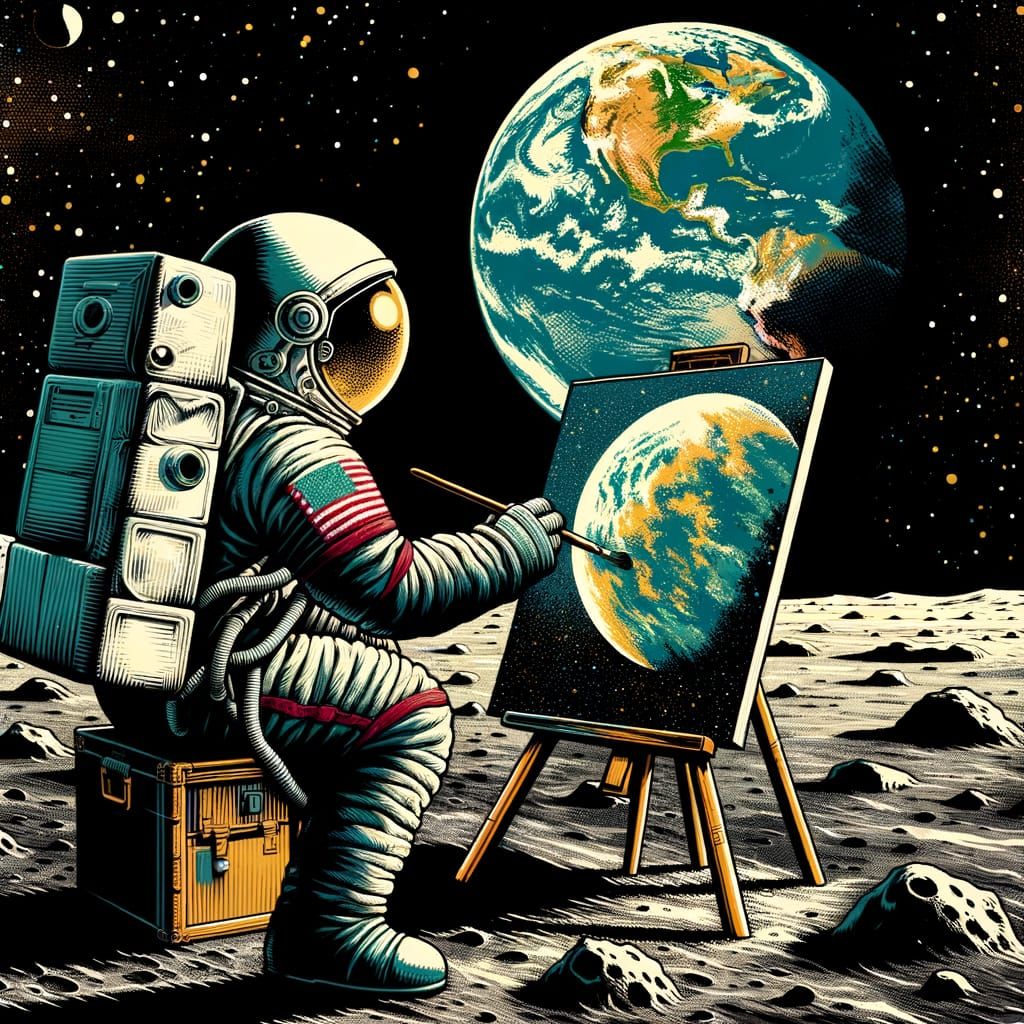 Astronaut Painting on the Moon in Pop Art Style