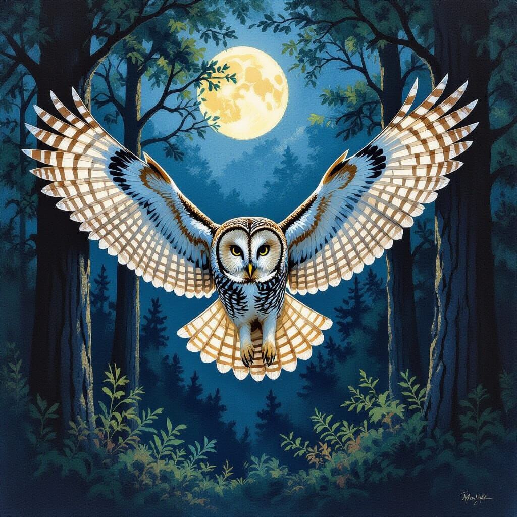 Barred Owl in Moonlit Forest: Gouache Watercolor Style