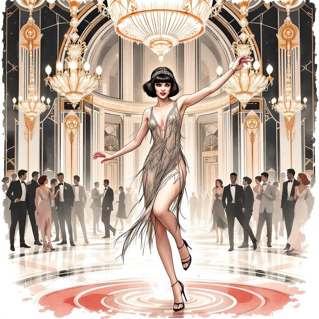 Flapper Dances Charleston in Art Deco Ballroom