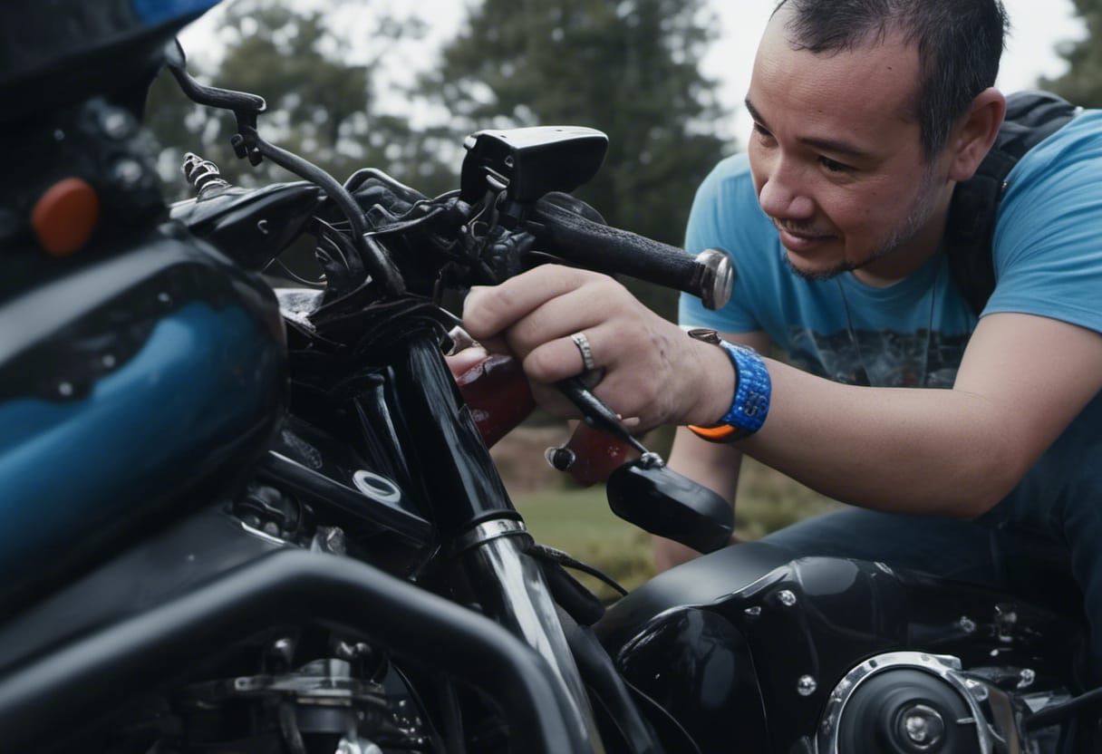 Young Man Fixing Sports Bike: Cinematic Film Still
