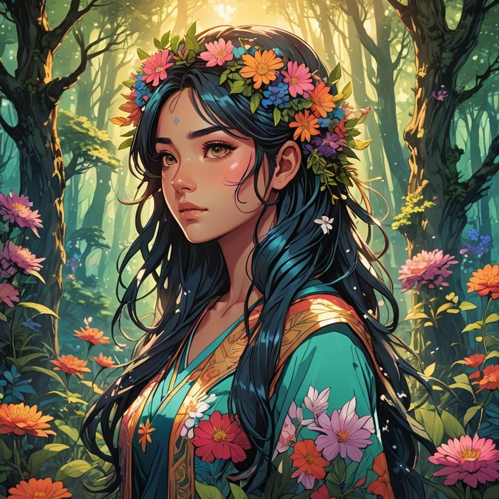 Confident Manga Girl with Flowers in Mystical Forest